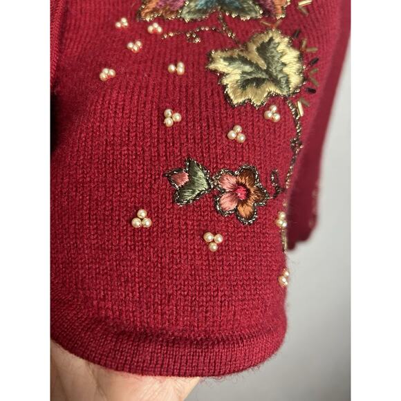 Susan Bristol Vintage 90s Red Wool Christmas Sweater Embroidered Beaded Medium - Picture 9 of 12